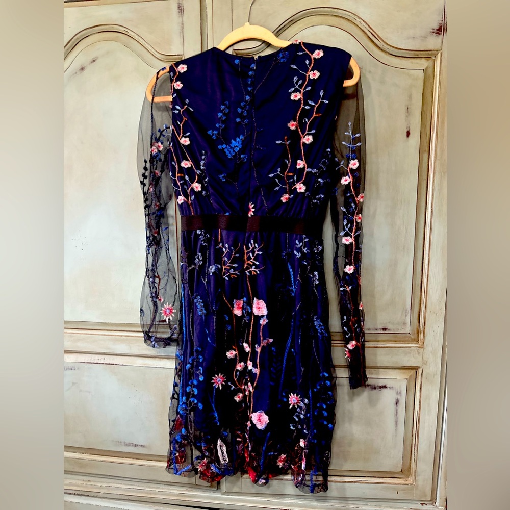 Navy blue long sleeve, Shear, embroidered dress